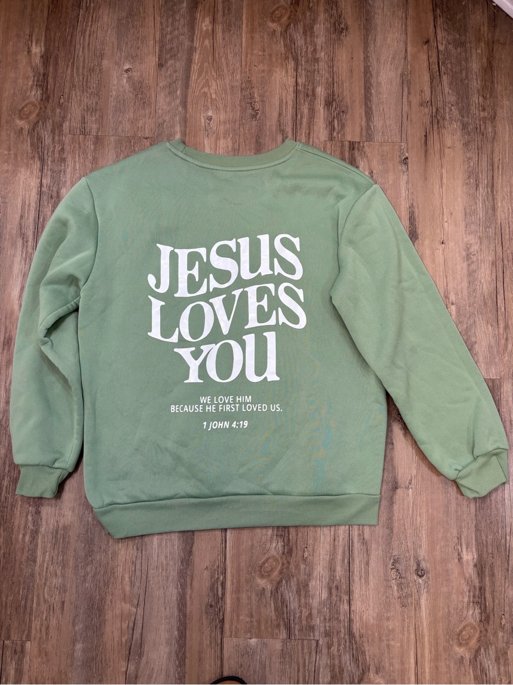 SHEIN Sage Green 'Jesus Loves You' Crewneck Sweatshirt